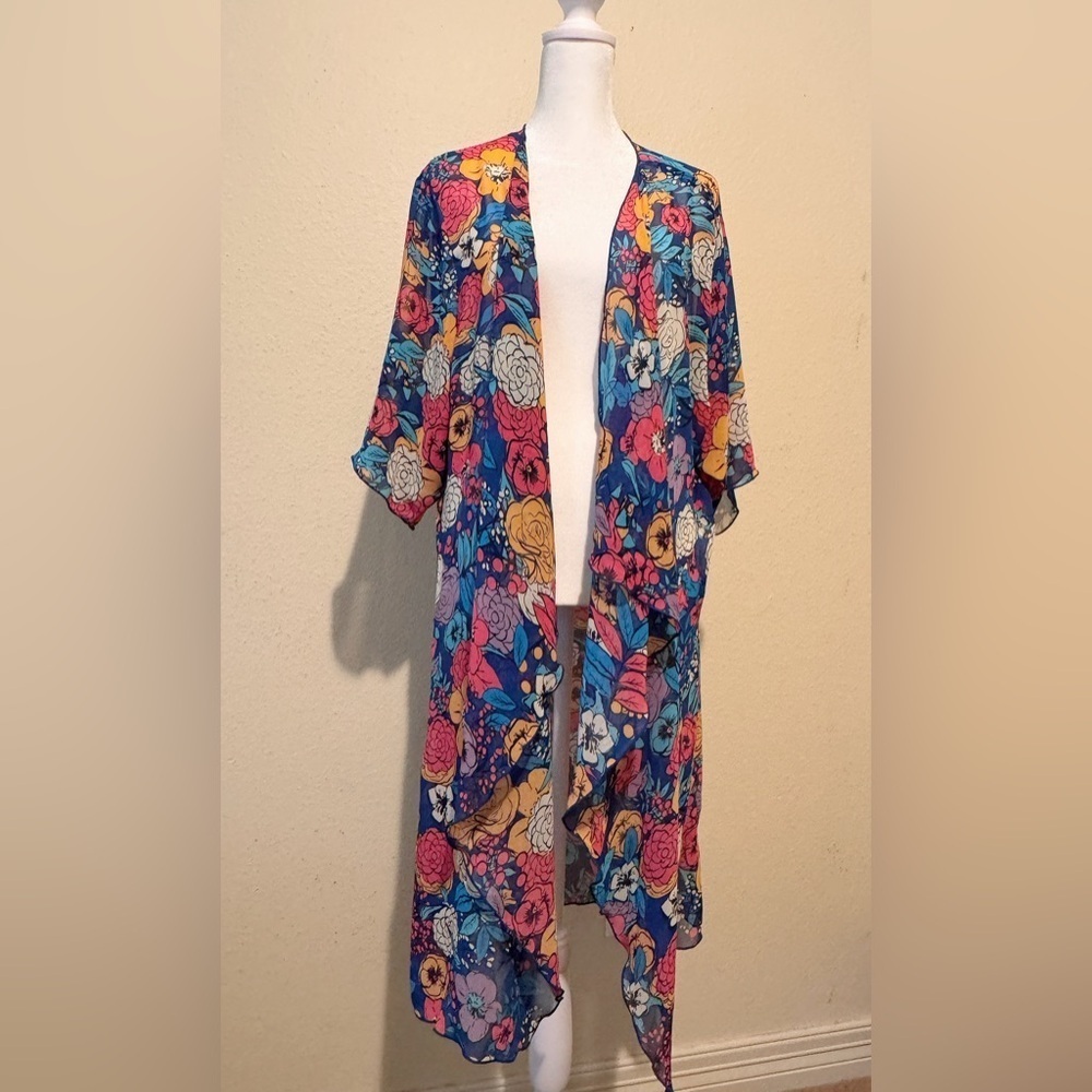 LuLaRoe Shirley Kimono Cardigan – Blue Floral Open Front Lightweight Drape,